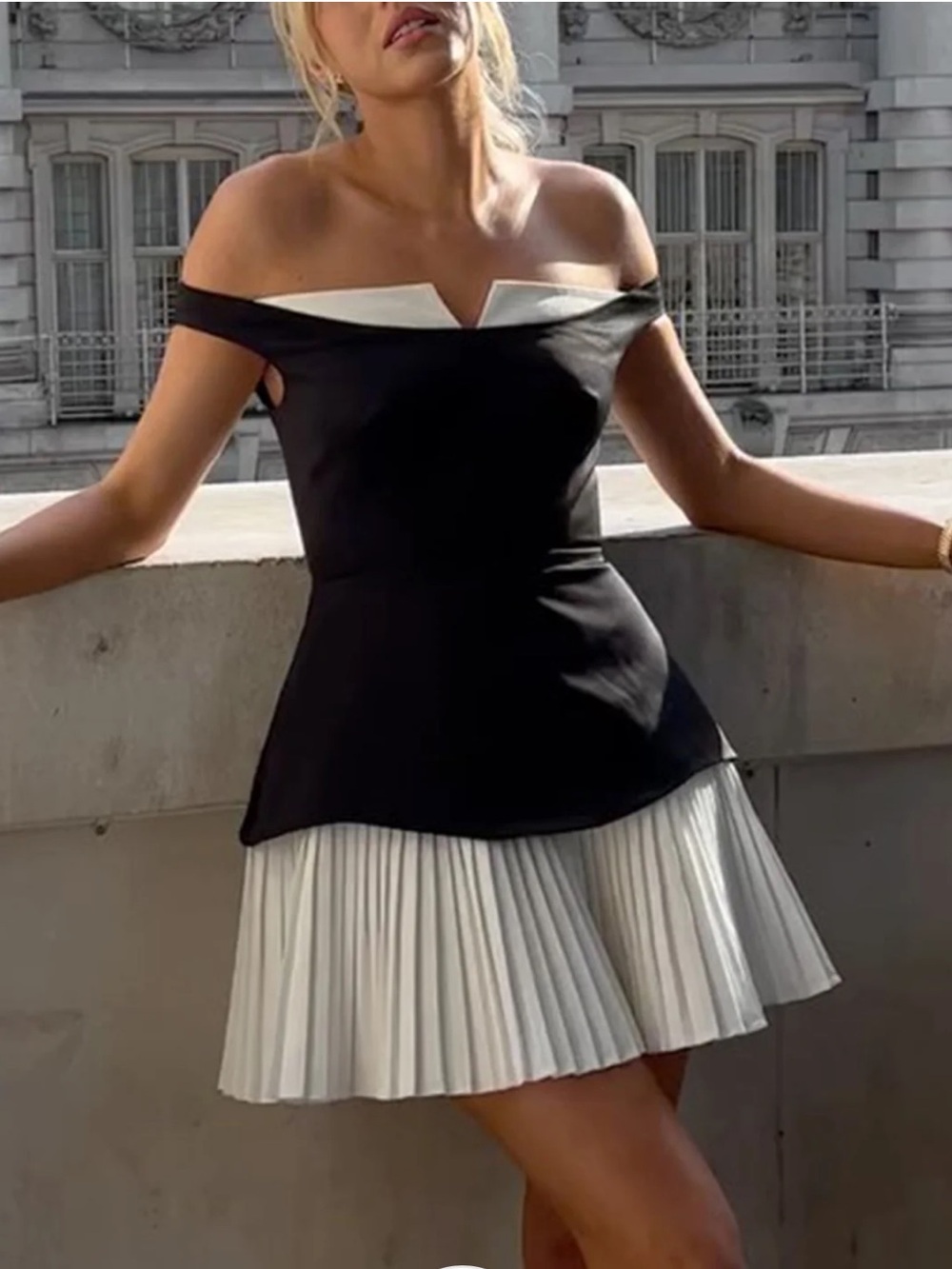 Commense: Patchwork Off Shoulder Pleated Mini Dress - Picture 3 of 9